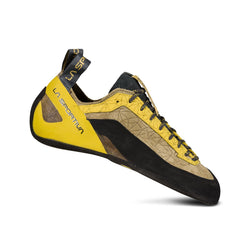 The La Sportiva Finale climbing shoe in yellow and black features a pointed toe, lace-up design, heel pull tabs, and Vibram XS Edge for comfort, shown on a white background.