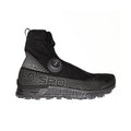 The La Sportiva Cyklon Cross GTX is a black winter running shoe with a high ankle collar, zipper closure, BOA Fit System dial, Gore-Tex waterproof protection, textured sole, and grey accents.