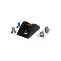 The La Sportiva Forward Lean Fixation Syborg includes a wedge-shaped black clamp, two silver screws with blue thread lock, a rectangular metal plate, and two hex nuts—compatible with the Syborg ski boot Walk Mode Receiver.