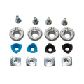 Le kit Canting de La Sportiva (4 PC) comprend des pièces métalliques - quatre boulons coniques, des rondelles, des écrous carrés et des pièces en plastique colorées - idéales pour réparer les chaussures de ski Spectre ou Synchro avec une charnière Scafo-Cuff ; le tout représenté sur un fond blanc.