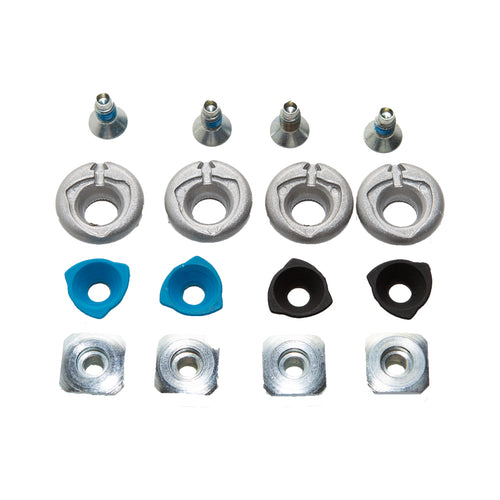 The La Sportiva Canting Kit (4 PC) includes metal hardware—four conical bolts, washers, square nuts, and colored plastic pieces—ideal for repairing Spectre or Synchro ski boots with a Scafo-Cuff hinge; all shown on a white background.