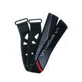 Une paire de sangles La Sportiva Cuff Belt Kit Vega Women noires avec un marquage blanc, des trous découpés et un accent rouge - idéales pour sécuriser les skis ou pour remplacer les sangles de fixation des chaussures La Sportiva Vega.