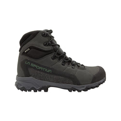 A black La Sportiva Nucleo High II GTX Wide hiking boot with rugged tread, high ankle support, metal eyelets, and Gore-Tex Surround waterproofing is shown in side profile on a white background.