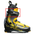 Chaussure de ski La Sportiva Spitfire 2.0 jaune et noire avec une boîte rouge mettant en évidence la boucle de manchette Spitfire 2.0 sur la partie supérieure de la manchette, avec la marque La Sportiva visible et de multiples options de remplacement.