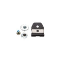 A La Sportiva Ratchet hardware set for ski boots, featuring a black and silver metal buckle receiver, a silver screw with a blue tip, and two round silver T-nuts, displayed on a white background.