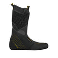 The La Sportiva Solar II Liner is a black and gray high-top boot liner with yellow accents, textured toe and heel, pull loops, and branding—perfect as a replacement liner for La Sportiva ski boots.