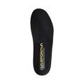 Semelle thermique La Sportiva noire avec texte vertical jaune "LA SPORTIVA" et motif en zigzag, sur fond blanc. Parfaite pour remplacer les semelles des chaussures d'alpinisme G-Summit.