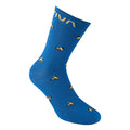 The La Sportiva Outdoor Fun Socks (2025) are blue technical socks featuring small yellow dog patterns and yellow text near the top. This anti-pilling sock is shown on a white background.