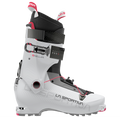 The La Sportiva Stellar is a white lightweight ski boot with black and red accents, strap, buckle, and cables for secure fit—ideal for backcountry touring—displayed in a side profile on a plain background.