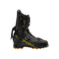 The La Sportiva Stratos Hybrid is a black mountaineering boot with yellow branding, a tall carbon cuff, carbon fiber accents, and layered fastenings for lightweight ski mountaineering, shown on a white background.