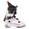 La chaussure de ski La Sportiva Vanguard Women's présente un design blanc avec des boucles noires, des accents rouges et noirs, un levier de mode ski/marche, une manchette haute et une semelle robuste - idéale pour les aventures en backcountry ou en poudreuse.