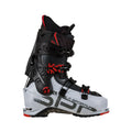 A La Sportiva Vega Women's backcountry boot in white, black, and red is shown in profile, featuring several adjustable buckles and a durable design for ski mountaineering or alpine touring with strong downhill performance.