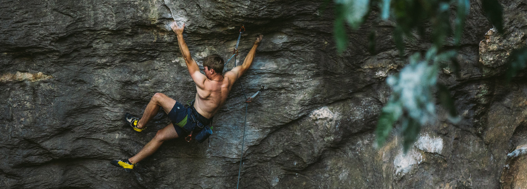 A man in climbing gear and shorts climbs a steep, rugged rock face outdoors, gripping holds with both hands and feet. Lush green leaves are blurred in the foreground.