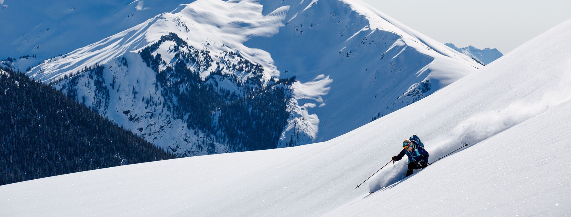 A skier in dark clothing glides down a snowy mountain slope, leaving a trail of powder behind. Snow-covered peaks and a forested area are visible in the background under a clear sky.