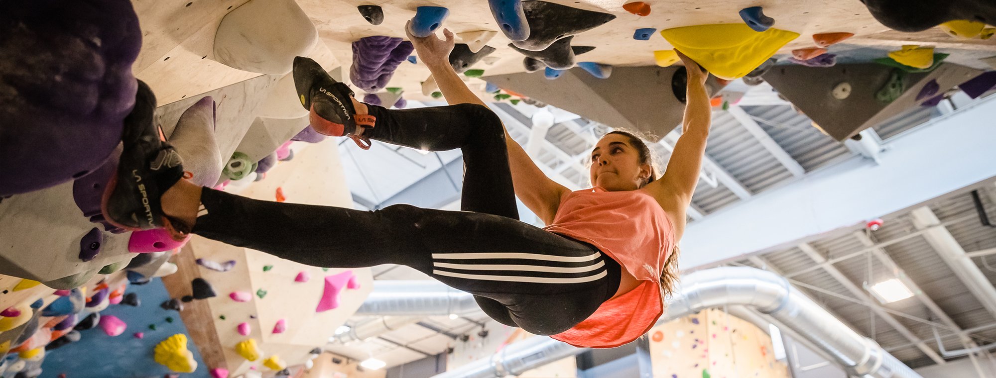 Person climbing on an indoor rock wall with colorful holds.