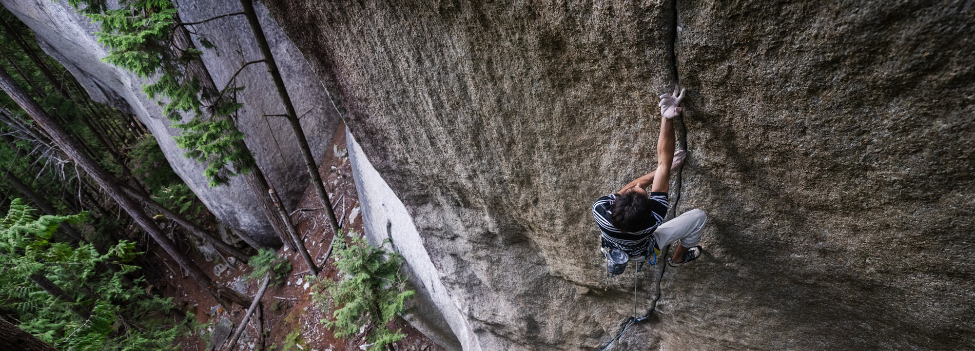 A person wearing a striped shirt and harness climbs a steep rock face, gripping a crack in the stone. Tall pine trees and a forested ground are visible far below.