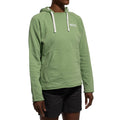A person wears the La Sportiva Telendos Hoody Women's (2025) in light green with white drawstrings and a front pocket, paired with black shorts, standing against a white background—ideal for outdoor climbing adventures.