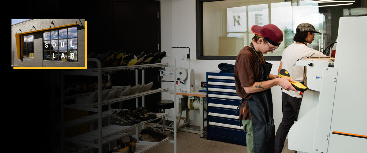 ReSoul lab employees work on re-soling climbing shoes in the Salt Lake City workshop.