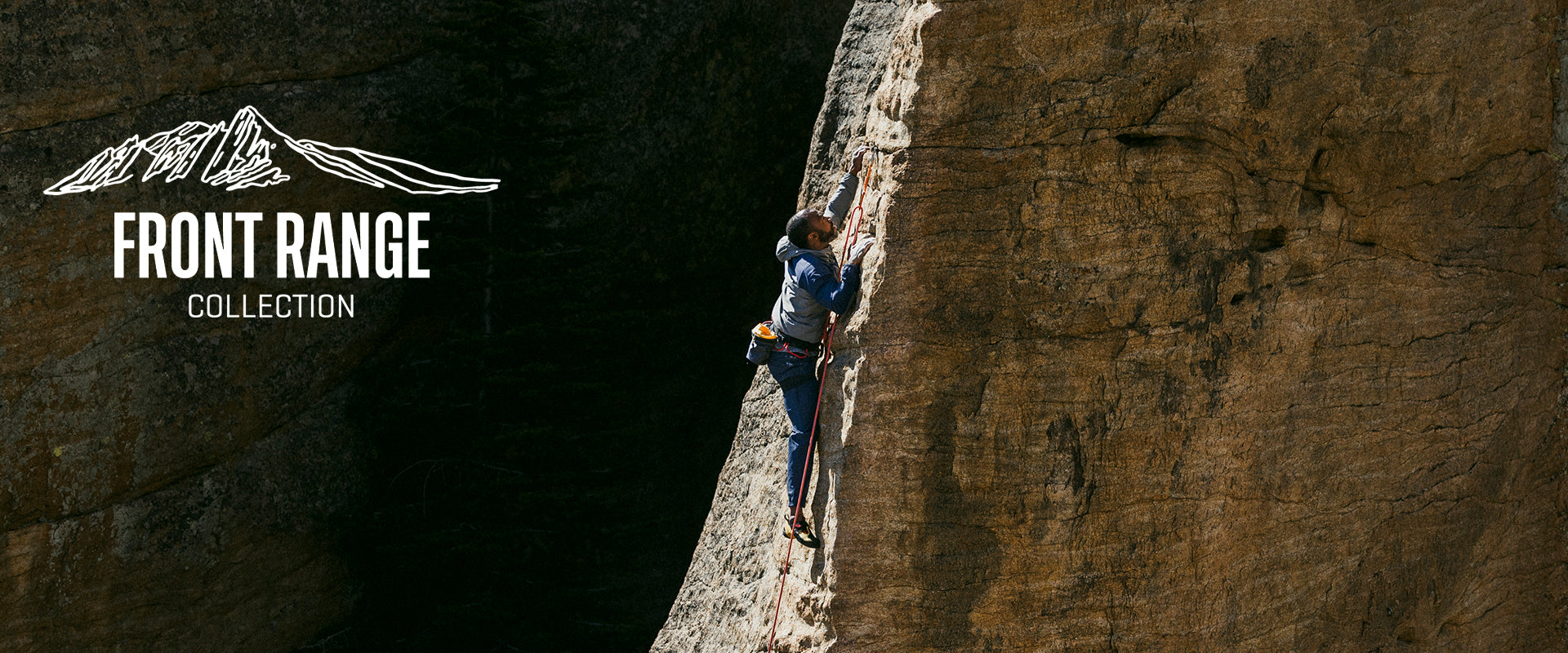 A person climbs a steep rock face outdoors, wearing a harness and gear. To the left is a white mountain illustration with the text “FRONT RANGE COLLECTION.”.