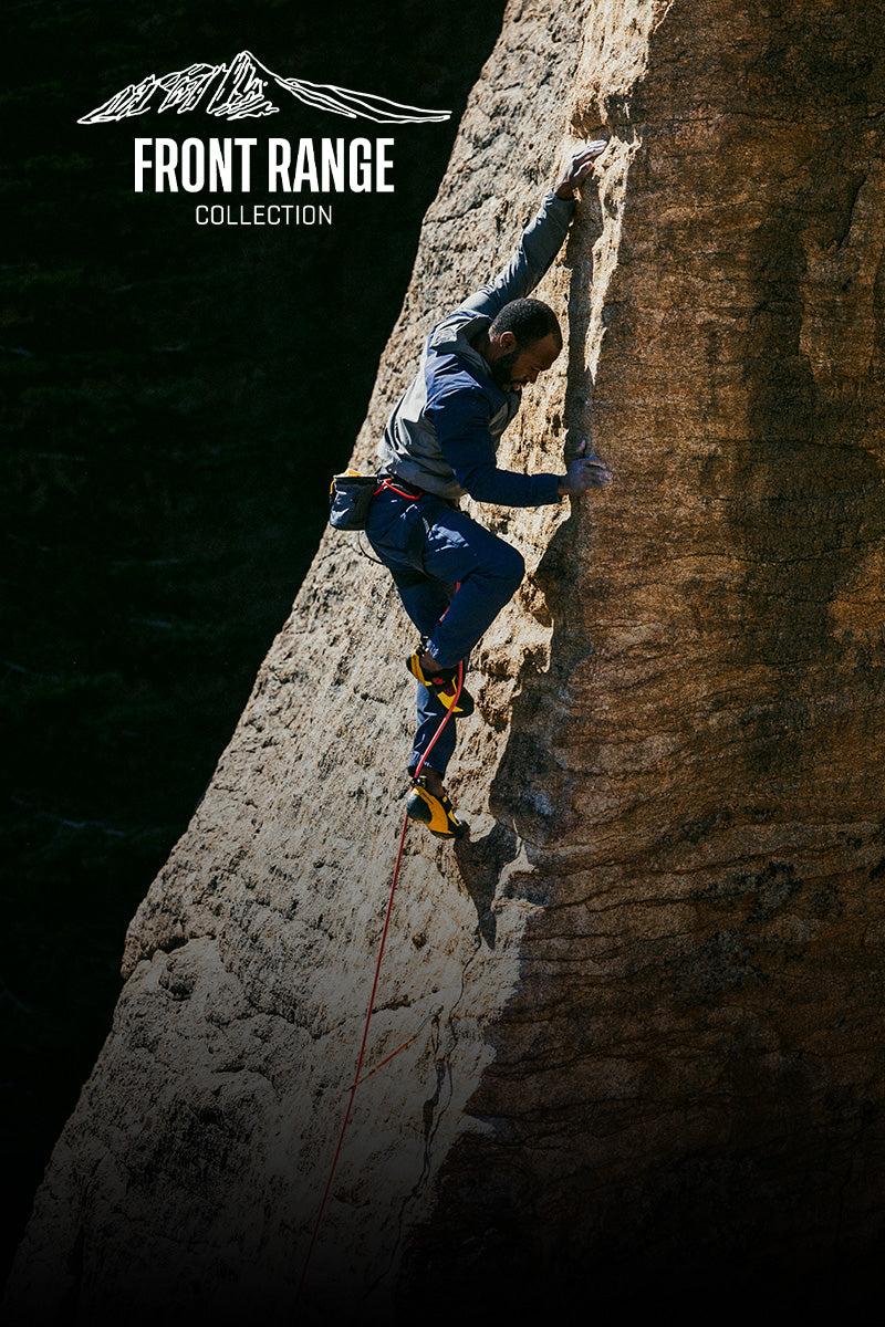 A person wearing climbing gear ascends a steep rock face in sunlight. Front Range Collection and a mountain graphic are displayed at the top left of the image.