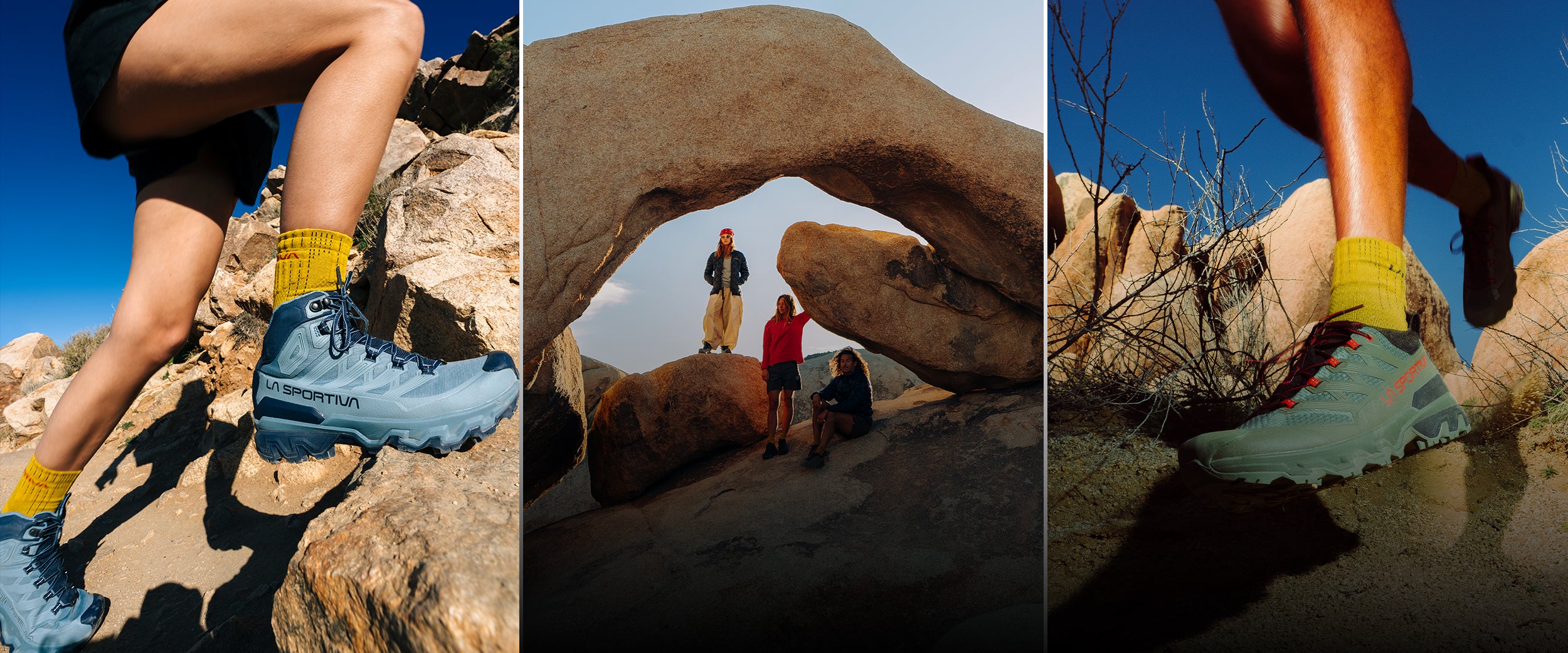 The image shows various models of the Ultra Raptor 3 Series Hiking Boots. A Women's mid-cut and a Men's low-cut model as well as a group photo of hikers.