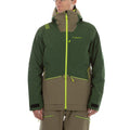 A man wearing glasses models the La Sportiva Chaser EVO Shell Jacket Men's, a two-tone green and brown outdoor jacket with yellow zippers, underarm ventilation, hood, and La Sportiva branding, against a plain white background.