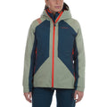 A woman with dark hair pulled back faces forward in the La Sportiva Crizzle EVO Shell Jacket Women's, featuring a color-blocked design in green and blue with orange zippers and a hood, as she gazes slightly to the side.