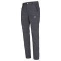 The La Sportiva Setter Pants Men’s (2025) are dark gray, straight-leg climbing pants featuring front pockets, a button closure, and a small embroidered logo on the left thigh. Made from soft corduroy fabric for warmth and durability, they are perfect for winter climbing adventures. Shown against a plain white background.