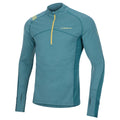 The La Sportiva Swift Long Sleeve Men's (2023) is a teal running shirt with yellow quarter zip, thumbholes, moisture-wicking fabric, subtle seams, and La Sportiva logo on the chest and left sleeve.