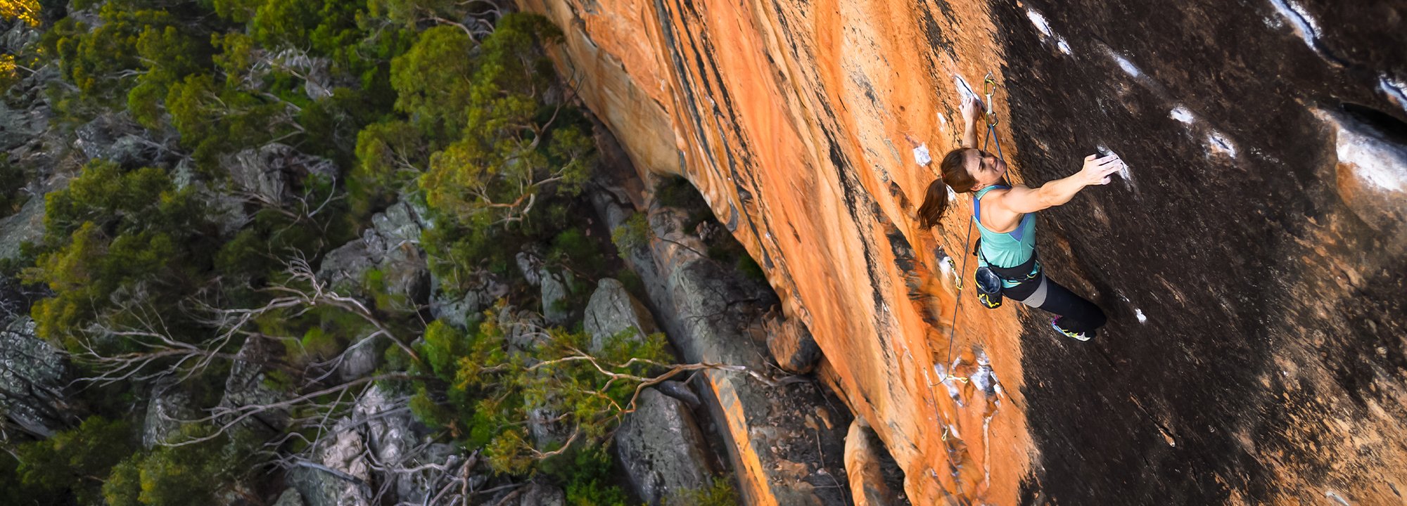 Person climbing a rock face with a forested area below