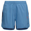 Le Sudden Shorts Women's de La Sportiva présente un ourlet et des panneaux latéraux bleu marine, en tissu ultra-léger. Une ceinture élastique assure le confort, et la jambe droite affiche un logo La Sportiva rouge.
