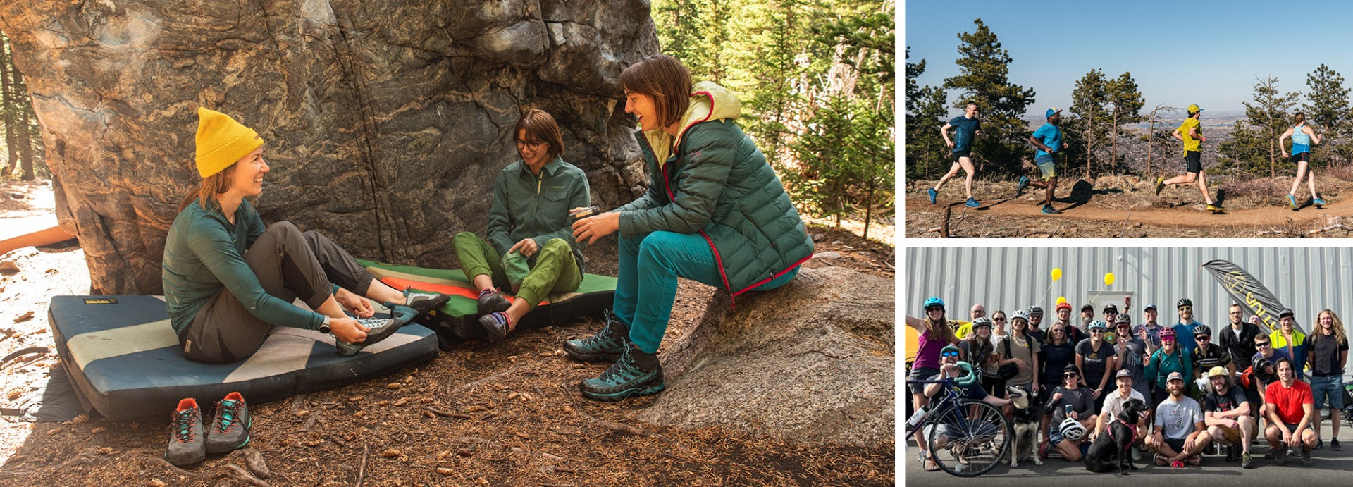 A collage: left, three people sit on crash pads by a boulder in a forest, preparing to climb; top right, five people run on a trail; bottom right, a large group poses with bikes and running gear outside a building.