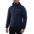 A man stands against a plain white background wearing the La Sportiva Opry Stretch Insulated Jacket Men’s in navy blue, featuring a hood, front zipper, and the La Sportiva logo on the chest. This jacket is designed for high performance and optimal freedom of movement.