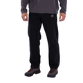A person stands wearing La Sportiva Highball Pants Men’s in black, featuring a small white logo on the left thigh, paired with a dark long-sleeve shirt and black hiking shoes with orange laces. Only the lower half of the body is visible—a perfect outfit for bouldering sessions.