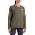 A woman wears the La Sportiva Tufa Sweater Women's in olive green, featuring a small white logo on the chest, and dark pants. She stands against a white background with her face partially out of frame.