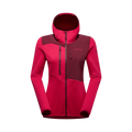 The La Sportiva Lucendro Thermal Hoody Women’s is shown in bright pink with contrasting maroon panels. Crafted with Polartec Power Grid fabric, this athletic-fit midlayer offers lightweight warmth and breathability. It features a front zipper, chest pocket, and long sleeves, all displayed against a plain white background.