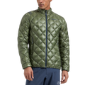 A man wearing the La Sportiva Lumina 100 Down Jacket Men’s in olive green stands against a plain white background, looking to his left. This quilted lightweight mountaineering jacket features a front zipper and offers a high warmth-to-weight ratio, making it both practical and stylish. He also wears blue pants.