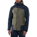 Une personne portant la veste La Sportiva Alpine Guide GTX Performance pour homme, déclinée dans un coloris bicolore vert olive et bleu marine et dotée de nombreuses poches à fermeture éclair, se détache sur un fond blanc uni : une veste GORE-TEX idéale, conçue pour l'alpinisme technique.