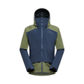 La veste de performance La Sportiva Sender GTX pour homme est une veste d'extérieur bicolore dotée d'une capuche, avec un devant et des manches bleu marine et des épaules, la capuche et le bas de la veste vert olive. Confectionnée en Gore-Tex pour une protection optimale contre les intempéries, cette veste de ski est dotée d'une fermeture éclair à l'avant et de poignets réglables.