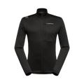 La Sportiva Chill Thermal Jacket Men’s in black features a front zipper, chest pocket, and subtle textured material. The La Sportiva logo appears on the left chest. This stretch jacket offers a fitted, ergonomic design with long sleeves for enhanced comfort and mobility. It is displayed against a plain white background.
