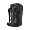 The La Sportiva Challenger 28 Backpack is black with purple accents, front bungee cords, adjustable shoulder straps, a padded hip belt, and "La Sportiva" printed vertically on the front left side.