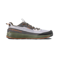 A La Sportiva TX1 approach shoe in gray and olive green with orange accents, a black toe cap, and a textured Vibram MegaGrip sole is displayed in side profile against a white background.