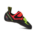 Le chausson d'escalade La Sportiva Kubo en rouge, noir et vert est doté de bandes Velcro, d'un marquage au talon et sur le côté, d'une forme incurvée pour l'escalade sur bloc et d'une semelle en caoutchouc pour une meilleure adhérence.