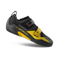 La Sportiva HyperEZ climbing shoes in black and yellow with two hook-and-loop straps.