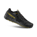 Chaussures d'approche basses La Sportiva TX Setter noires, dotées d'une semelle intermédiaire jaune et d'un logo jaune, très appréciées des professionnels de l'escalade en salle.