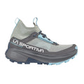 The La Sportiva Prodigio Hike GTX Women's shoe features a grey and blue mesh upper, high ankle collar, rugged sole for trail running or hiking, and a waterproof Gore-Tex lining to keep your feet dry.