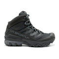 The La Sportiva Ultra Raptor 3 Mid GTX Women's is a black and dark gray waterproof hiking boot with a rugged sole, high ankle support, and laces, shown in a side view.