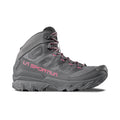 The La Sportiva Ultra Raptor 3 Mid GTX Women's hiking boot is gray with pink accents and "La Sportiva" in pink on the side. It features rugged tread, ankle support, waterproof protection, and is shown in left profile on a white background.