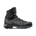 A profile view of the La Sportiva Aequilibrium Trek GTX Women’s boot showcases its black and gray design with blue laces, a rugged sole, and sturdy ankle support. Specifically designed for women, this mountaineering boot delivers reliable performance for backpacking expeditions and challenging outdoor terrain.