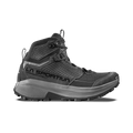 A black mid-cut hiking boot, the Prodigio Hike LT GTX Women’s by La Sportiva, features visible laces, a textured upper, and a rugged sole built for trail performance. The waterproof GORE-TEX lining ensures your feet stay dry in any condition. The side displays the La Sportiva brand name in bold black letters against a plain white background.